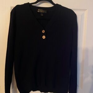 Ralph Lauren Black Label V-Neck Cotton Black Sweater with Gold Button Accents